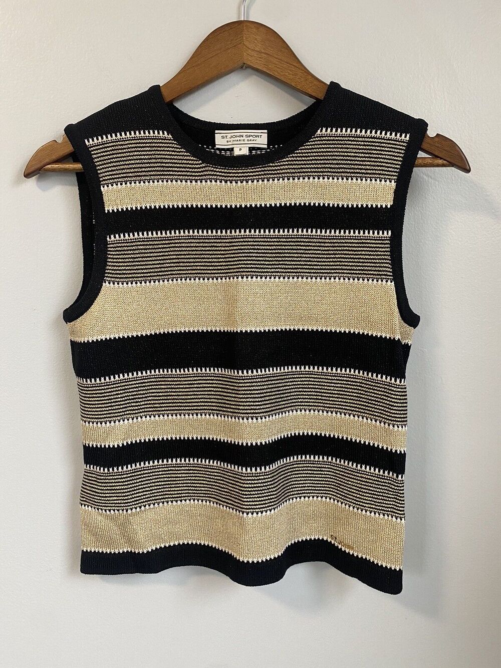 St. John Sport P Wool Blend Black Gold Striped Sleeveless Tank Top Sweater EUC